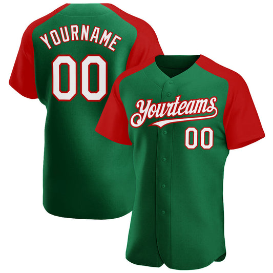 Custom Kelly Green White-Red Authentic Raglan Sleeves Baseball Jersey - Sky-Custom