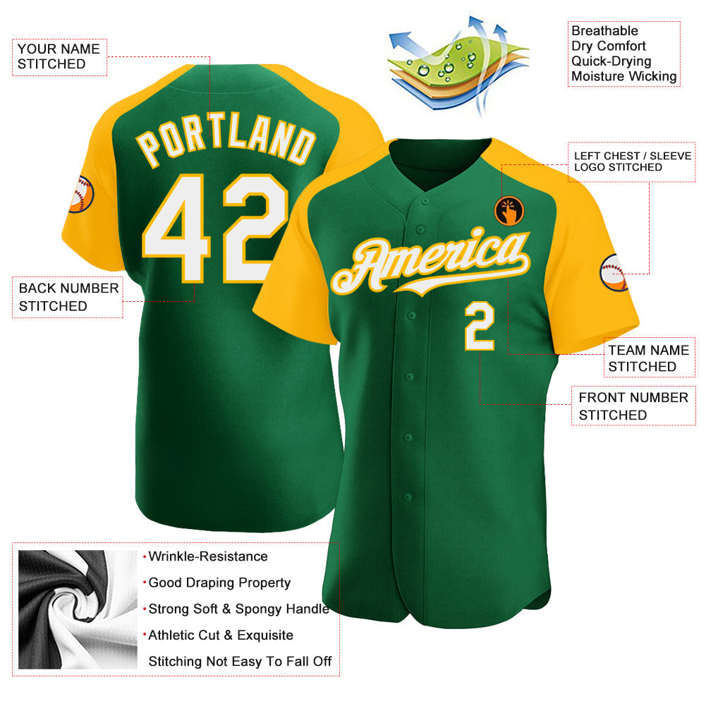 Custom Kelly Green White-Gold Authentic Raglan Sleeves Baseball Jersey - Sky-Custom