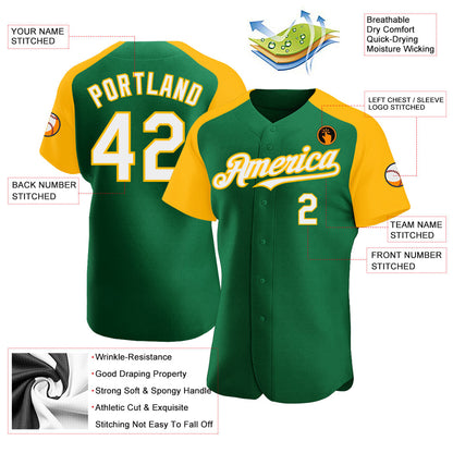 Custom Kelly Green White-Gold Authentic Raglan Sleeves Baseball Jersey - Sky-Custom
