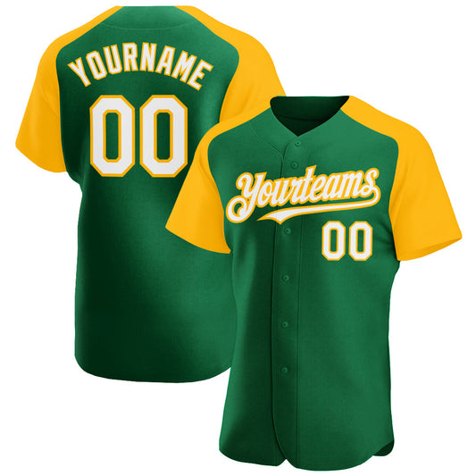 Custom Kelly Green White-Gold Authentic Raglan Sleeves Baseball Jersey - Sky-Custom
