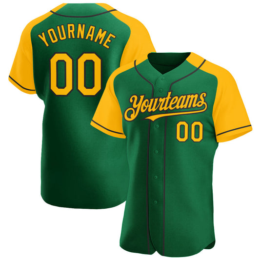 Custom Kelly Green Gold-Black Authentic Raglan Sleeves Baseball Jersey - Sky-Custom