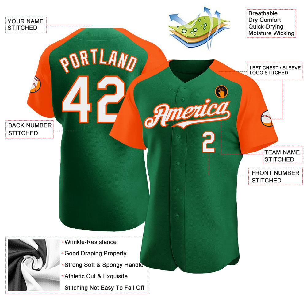 Custom Kelly Green White-Orange Authentic Raglan Sleeves Baseball Jersey - Sky-Custom