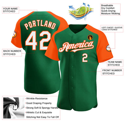 Custom Kelly Green White-Orange Authentic Raglan Sleeves Baseball Jersey - Sky-Custom