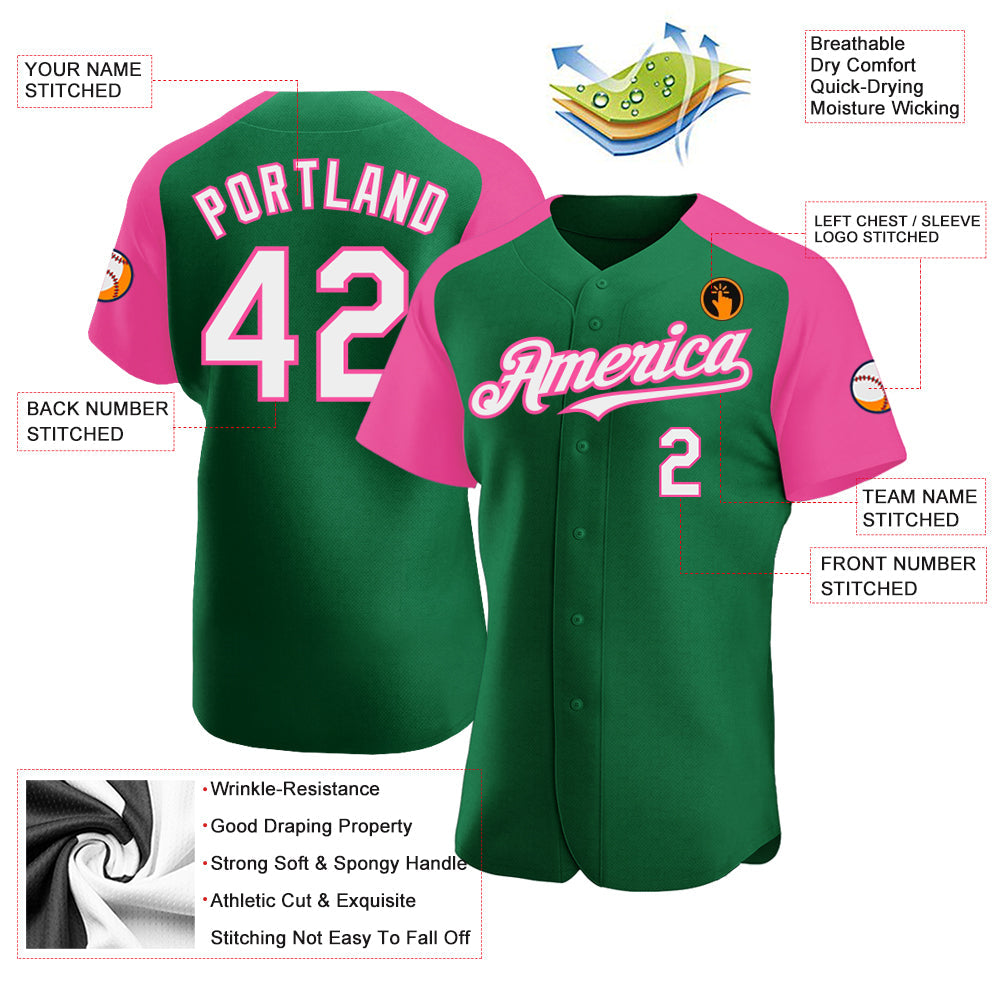 Custom Kelly Green White-Pink Authentic Raglan Sleeves Baseball Jersey - Sky-Custom