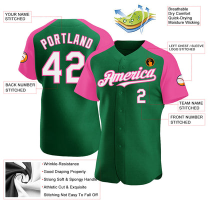 Custom Kelly Green White-Pink Authentic Raglan Sleeves Baseball Jersey - Sky-Custom