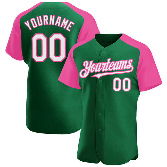 Custom Kelly Green White-Pink Authentic Raglan Sleeves Baseball Jersey - Sky-Custom