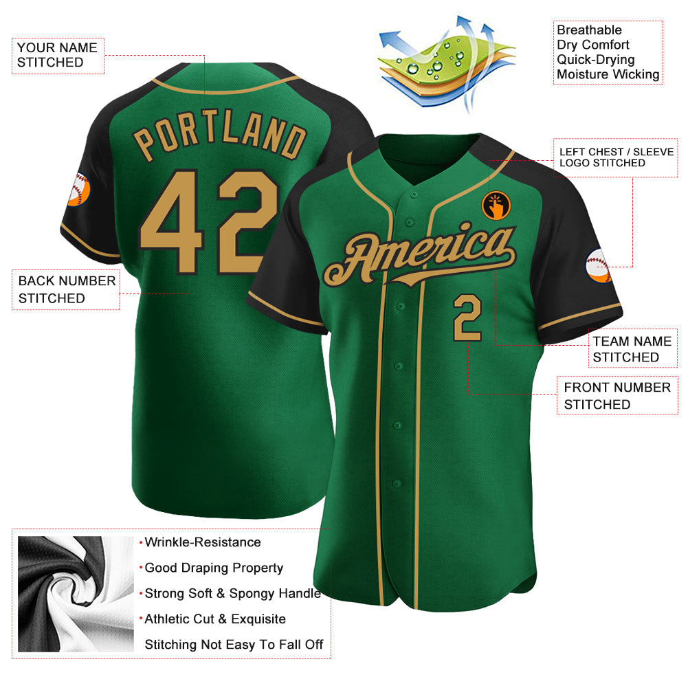 Custom Kelly Green Old Gold-Black Authentic Raglan Sleeves Baseball Jersey - Sky-Custom