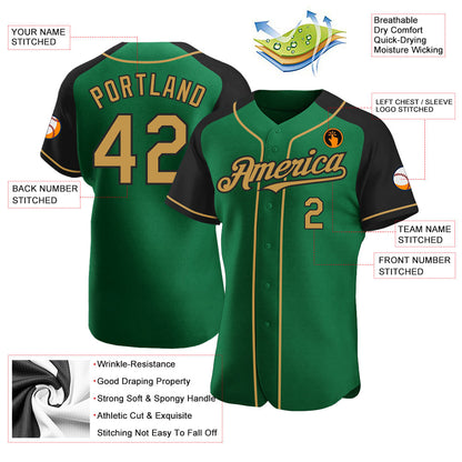 Custom Kelly Green Old Gold-Black Authentic Raglan Sleeves Baseball Jersey - Sky-Custom