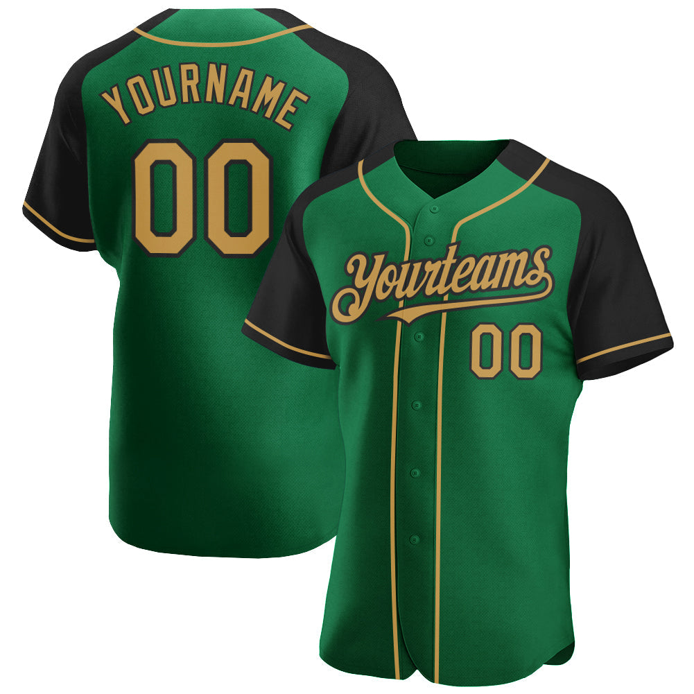 Custom Kelly Green Old Gold-Black Authentic Raglan Sleeves Baseball Jersey - Sky-Custom