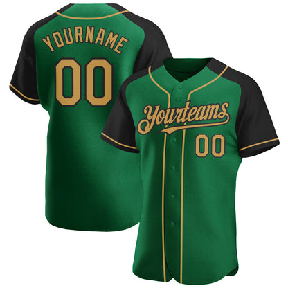 Custom Kelly Green Old Gold-Black Authentic Raglan Sleeves Baseball Jersey - Sky-Custom