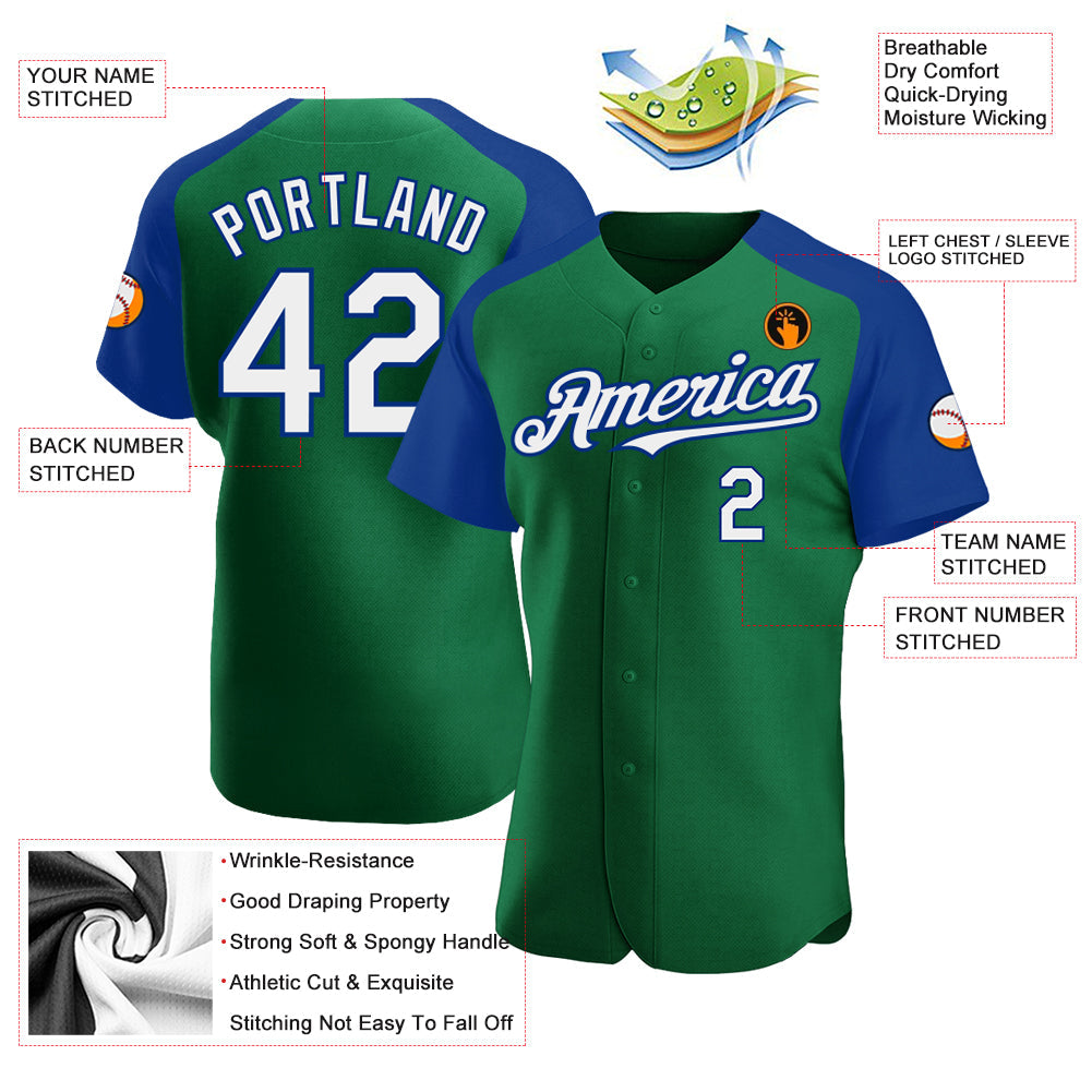 Custom Kelly Green White-Royal Authentic Raglan Sleeves Baseball Jersey - Sky-Custom