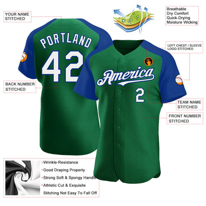 Custom Kelly Green White-Royal Authentic Raglan Sleeves Baseball Jersey - Sky-Custom