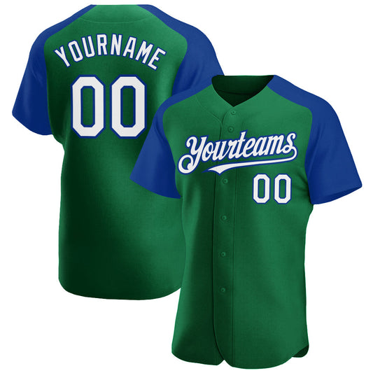Custom Kelly Green White-Royal Authentic Raglan Sleeves Baseball Jersey - Sky-Custom
