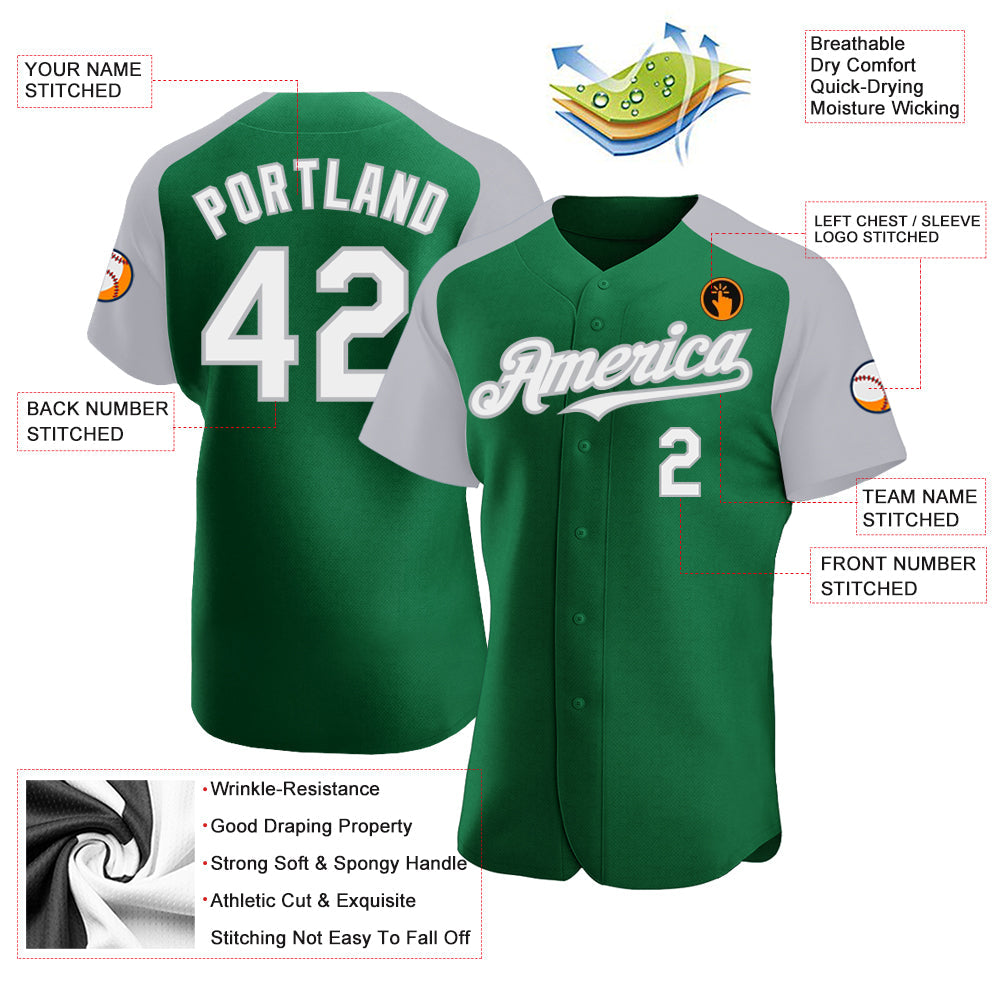 Custom Kelly Green White-Gray Authentic Raglan Sleeves Baseball Jersey - Sky-Custom