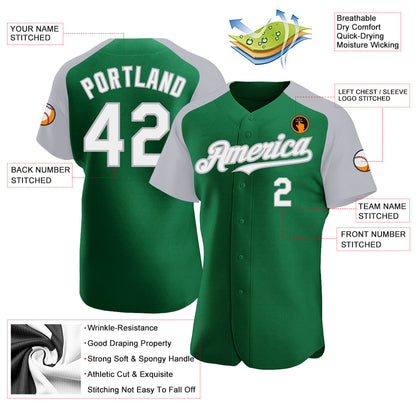 Custom Kelly Green White-Gray Authentic Raglan Sleeves Baseball Jersey - Sky-Custom