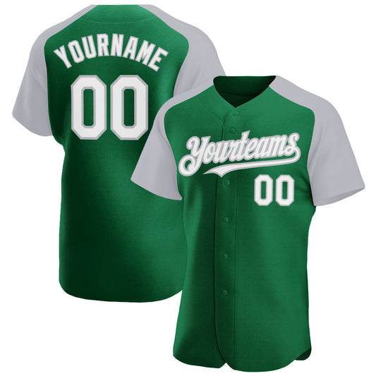 Custom Kelly Green White-Gray Authentic Raglan Sleeves Baseball Jersey - Sky-Custom