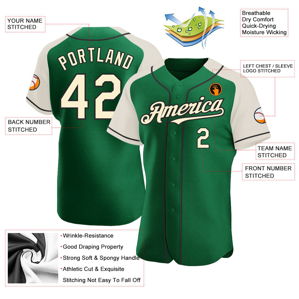 Custom Kelly Green Cream-Black Authentic Raglan Sleeves Baseball Jersey - Sky-Custom