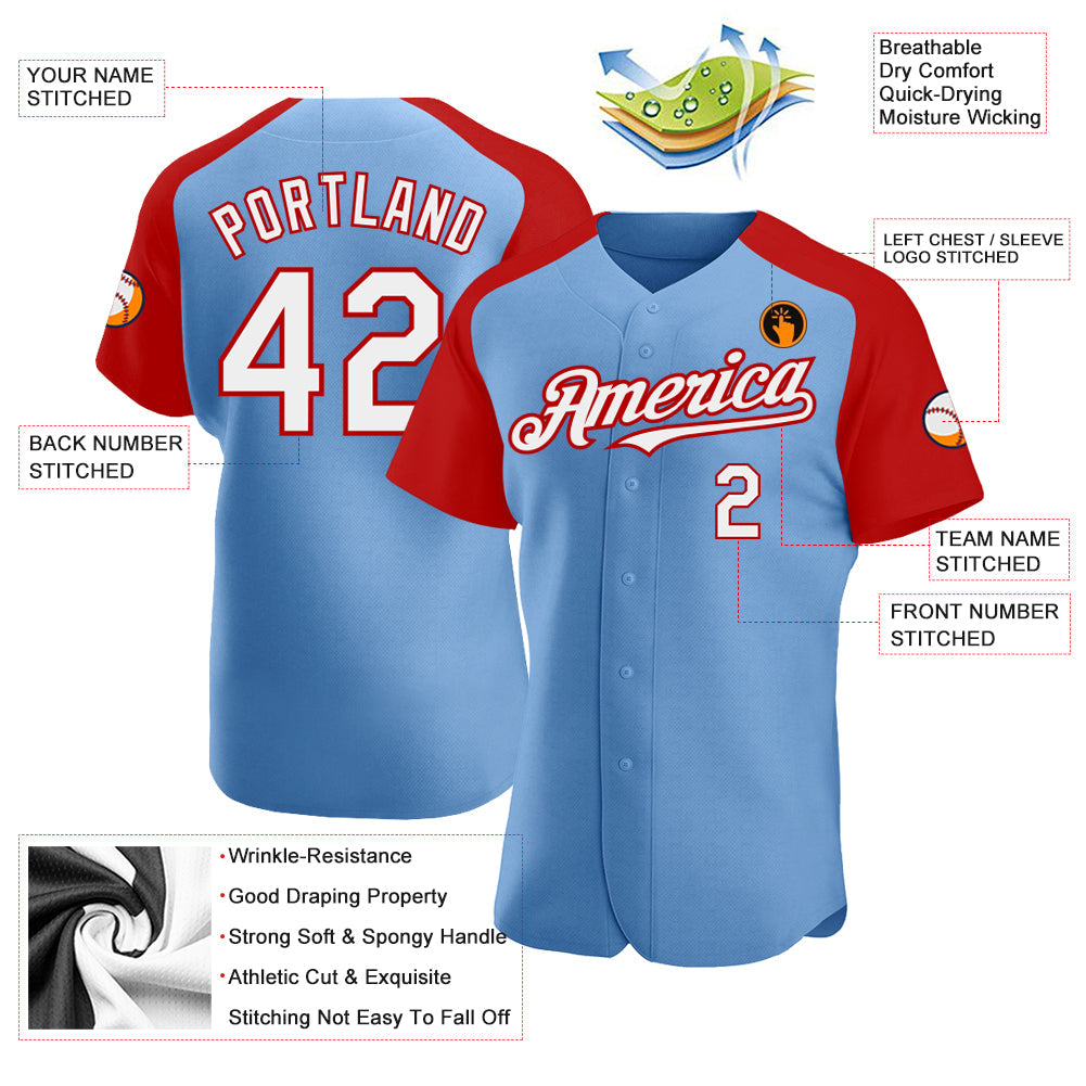 Custom Light Blue White-Red Authentic Raglan Sleeves Baseball Jersey - Sky-Custom