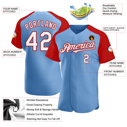 Custom Light Blue White-Red Authentic Raglan Sleeves Baseball Jersey - Sky-Custom