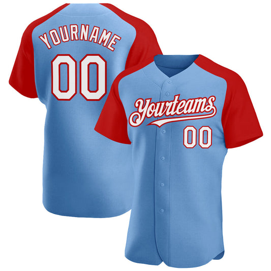 Custom Light Blue White-Red Authentic Raglan Sleeves Baseball Jersey - Sky-Custom