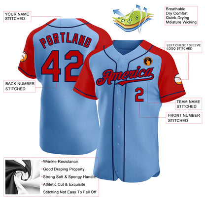 Custom Light Blue Red-Navy Authentic Raglan Sleeves Baseball Jersey - Sky-Custom