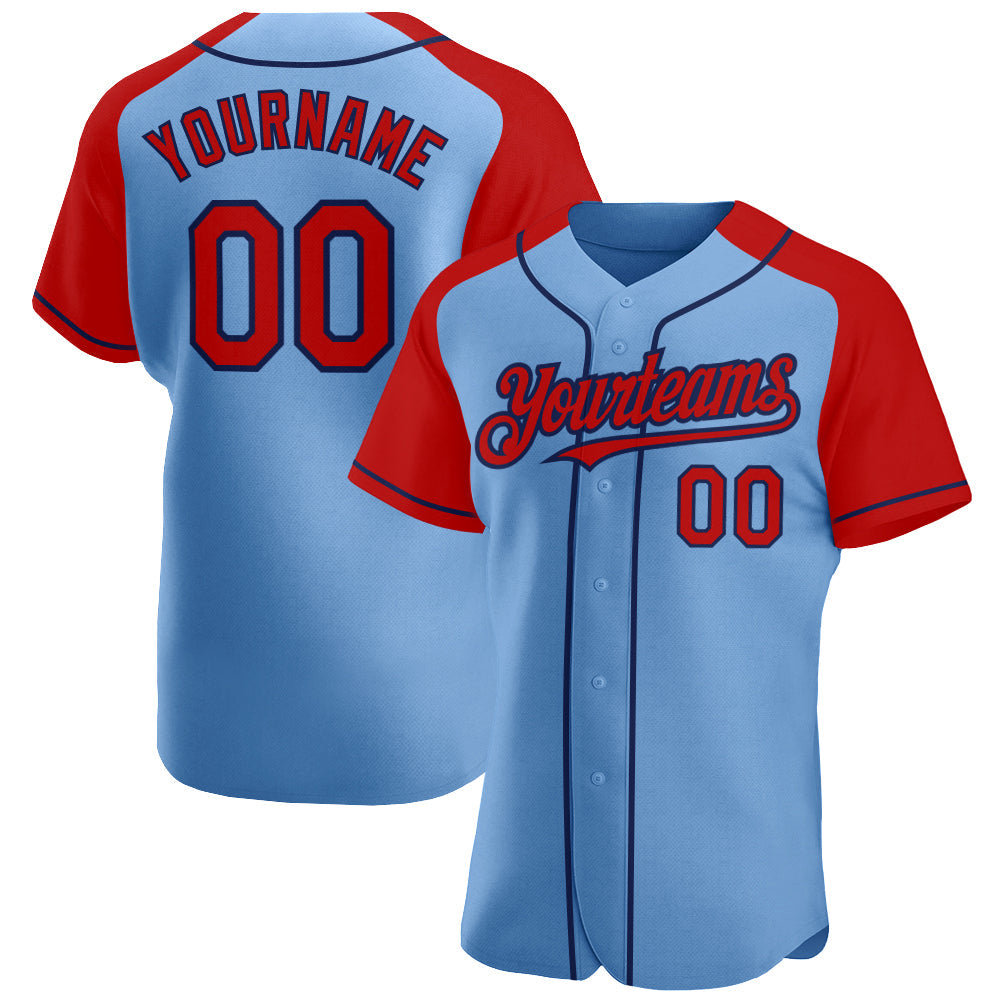 Custom Light Blue Red-Navy Authentic Raglan Sleeves Baseball Jersey - Sky-Custom