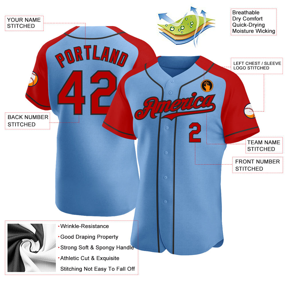 Custom Light Blue Red-Black Authentic Raglan Sleeves Baseball Jersey - Sky-Custom