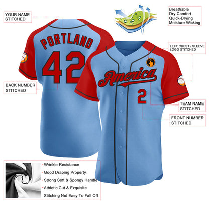 Custom Light Blue Red-Black Authentic Raglan Sleeves Baseball Jersey - Sky-Custom