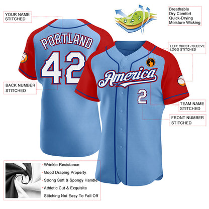 Custom Light Blue White Red-Royal Authentic Raglan Sleeves Baseball Jersey - Sky-Custom