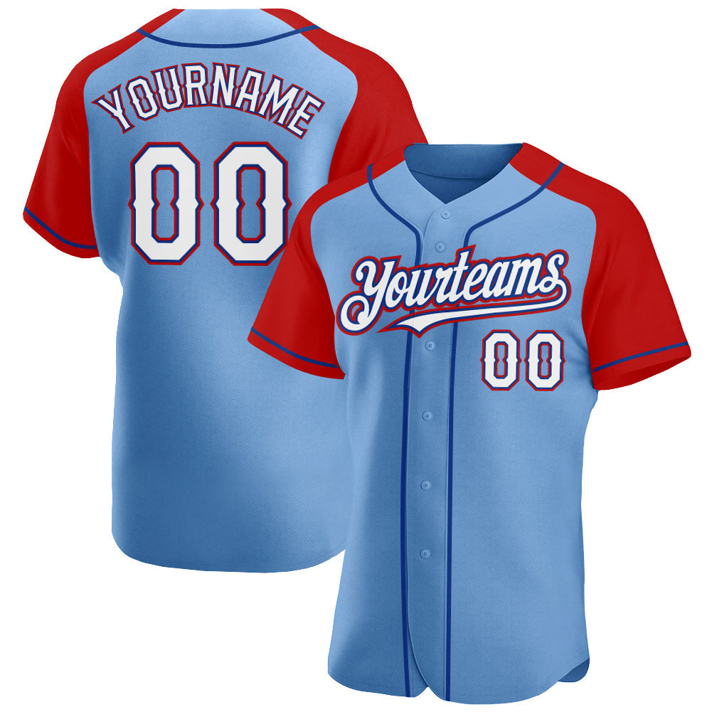 Custom Light Blue White Red-Royal Authentic Raglan Sleeves Baseball Jersey - Sky-Custom
