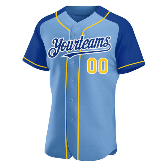 Custom Light Blue Yellow-Royal Authentic Raglan Sleeves Baseball Jersey - Sky-Custom