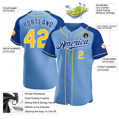 Custom Light Blue Yellow-Royal Authentic Raglan Sleeves Baseball Jersey - Sky-Custom