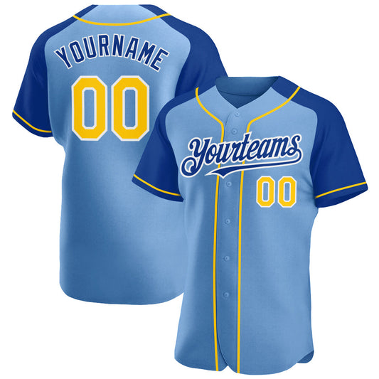 Custom Light Blue Yellow-Royal Authentic Raglan Sleeves Baseball Jersey - Sky-Custom