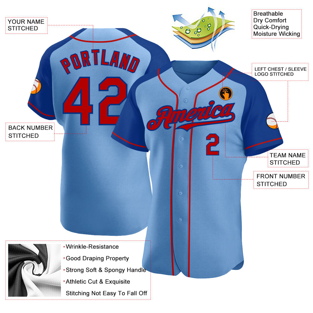 Custom Light Blue Red-Royal Authentic Raglan Sleeves Baseball Jersey - Sky-Custom