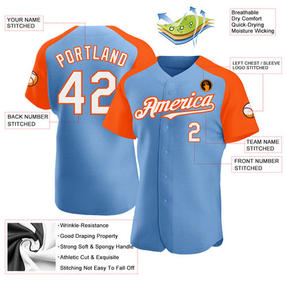 Custom Light Blue White-Orange Authentic Raglan Sleeves Baseball Jersey - Sky-Custom