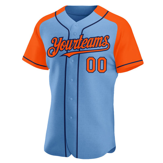 Custom Light Blue Orange-Navy Authentic Raglan Sleeves Baseball Jersey - Sky-Custom