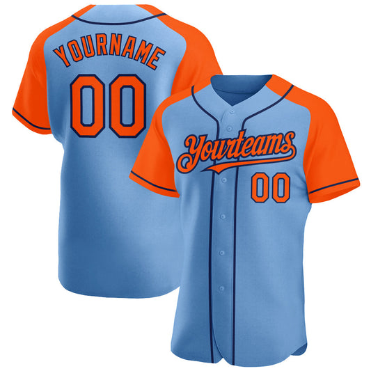 Custom Light Blue Orange-Navy Authentic Raglan Sleeves Baseball Jersey - Sky-Custom