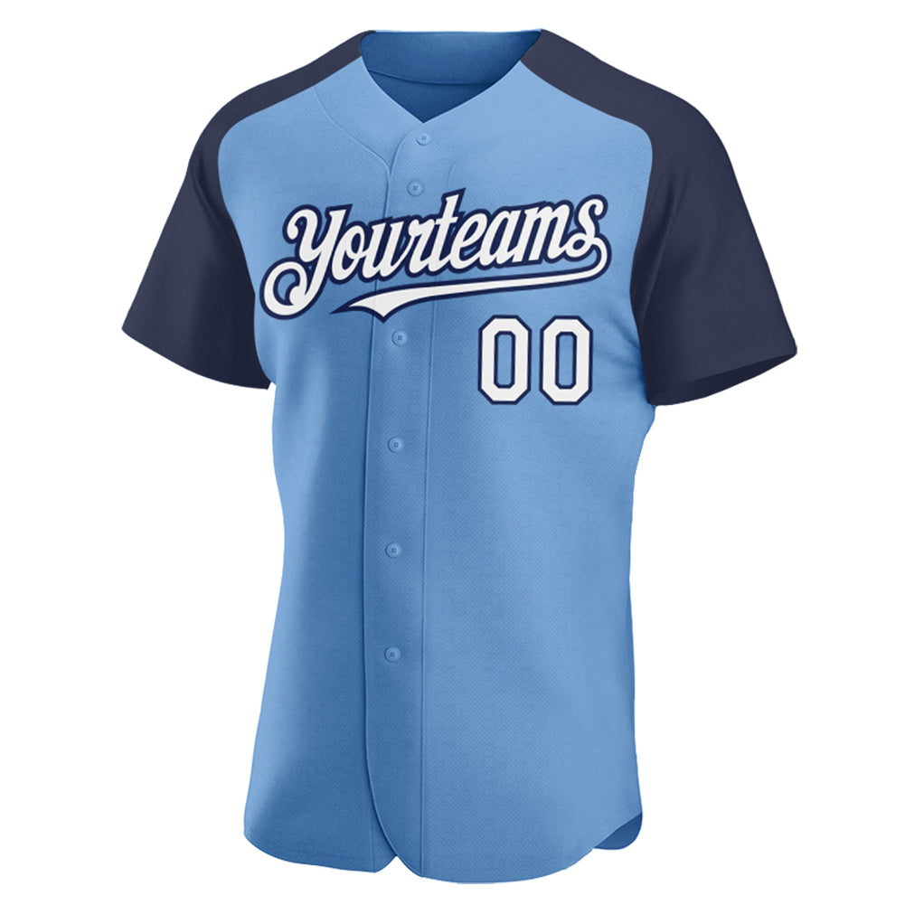 Custom Light Blue White-Navy Authentic Raglan Sleeves Baseball Jersey - Sky-Custom