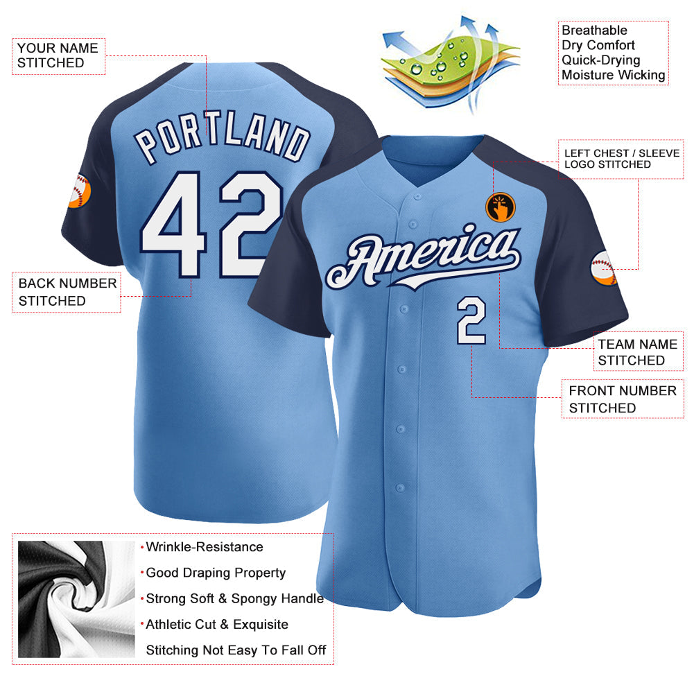 Custom Light Blue White-Navy Authentic Raglan Sleeves Baseball Jersey - Sky-Custom