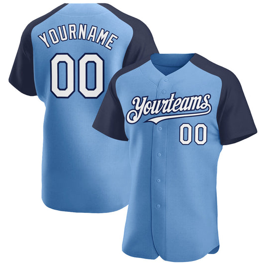 Custom Light Blue White-Navy Authentic Raglan Sleeves Baseball Jersey - Sky-Custom