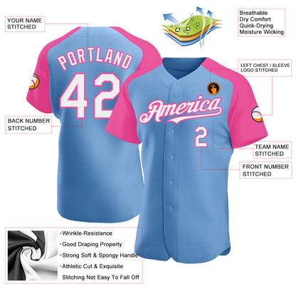 Custom Light Blue White-Pink Authentic Raglan Sleeves Baseball Jersey - Sky-Custom