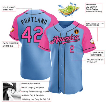 Custom Light Blue Pink-Black Authentic Raglan Sleeves Baseball Jersey - Sky-Custom
