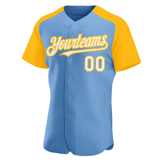 Custom Light Blue White-Gold Authentic Raglan Sleeves Baseball Jersey - Sky-Custom