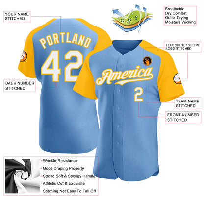 Custom Light Blue White-Gold Authentic Raglan Sleeves Baseball Jersey - Sky-Custom