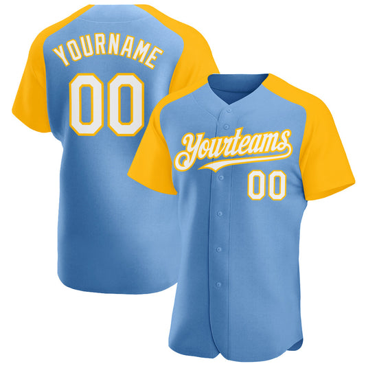 Custom Light Blue White-Gold Authentic Raglan Sleeves Baseball Jersey - Sky-Custom