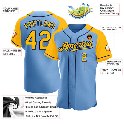 Custom Light Blue Gold-Navy Authentic Raglan Sleeves Baseball Jersey - Sky-Custom
