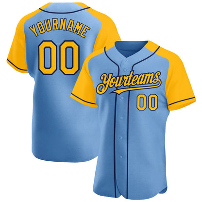 Custom Light Blue Gold-Navy Authentic Raglan Sleeves Baseball Jersey - Sky-Custom