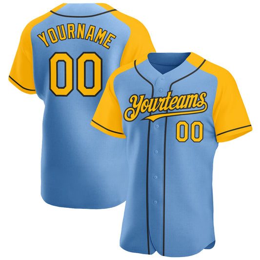 Custom Light Blue Gold-Black Authentic Raglan Sleeves Baseball Jersey - Sky-Custom