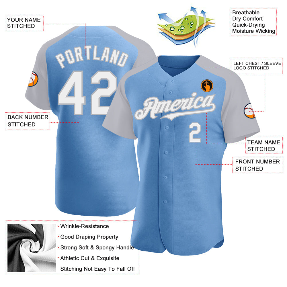 Custom Light Blue White-Gray Authentic Raglan Sleeves Baseball Jersey - Sky-Custom