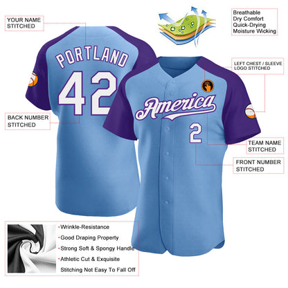 Custom Light Blue White-Purple Authentic Raglan Sleeves Baseball Jersey - Sky-Custom